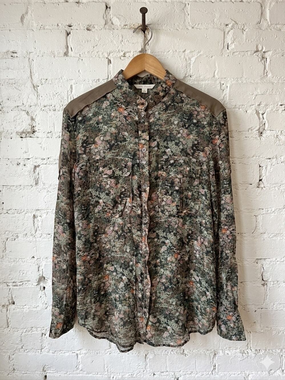 Marc Cain Sports Floral Utility Button Up Blouse Silk EUC Olive Multi 6